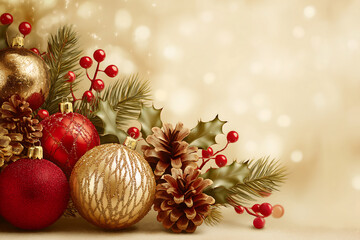 Christmas ornaments and decorations background for holiday season cheer