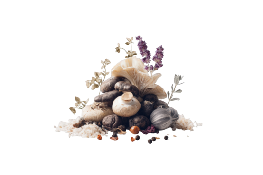 Assorted mushrooms and herbs on a bed of rice