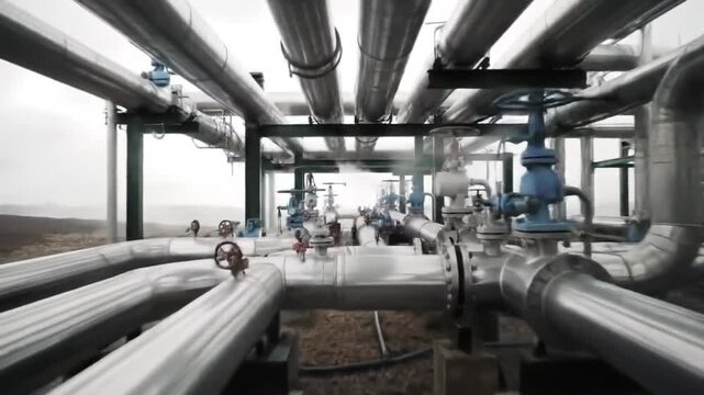 Dolly Shot through Geothermal Plant Pipeline Network with Industrial Metal Piping on Cloudy Overcast Day for Clean Energy Production System Exterior 190 Char
