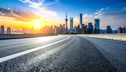 Fototapeta premium Urban highway sunrise cityscape view features empty asphalt road leading into modern skyline under dramatic colorful sunrise sky, suggesting travel, opportunity, and progress.