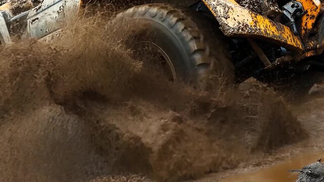 Off road vehicle driving through thick mud and splashing water.