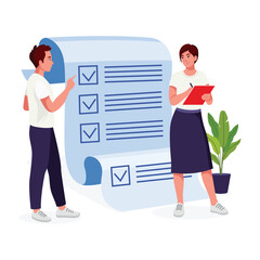 Illustration of male and female business people having a meeting, chatting, or presenting about business