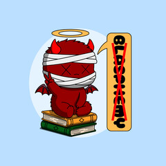 A red, horned, winged demon creature with a bandaged face and a "peace" hand gesture sits on a pile of books, saying no to blasphemy. Perfect for celebrating Blasphemy Day on September 30th.