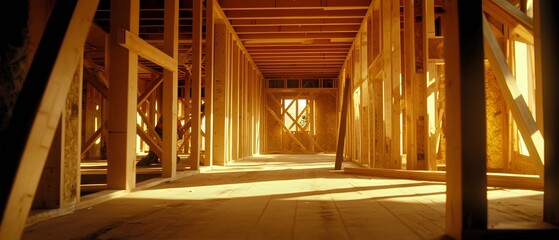 New House Construction Wooden Frame Interior Sunlight