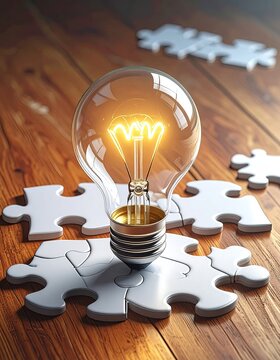 Illuminated lightbulb rests atop assembled jigsaw puzzle pieces on a wood surface, with additional pieces scattered nearby, suggesting problem-solving and innovative ideas