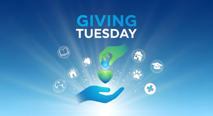 Giving tuesday concept with hands exchanging a glowing green heart symbol surrounded by charity icons