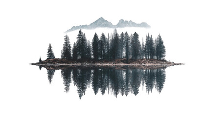 A serene forest reflected in a still lake