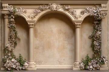 Naklejka premium arched-entryway wall in beige-tones with floral and natural decorations in romantic-style, featuring symmetrical-composition and detailed-character designs for interior, architecture and event-backgro