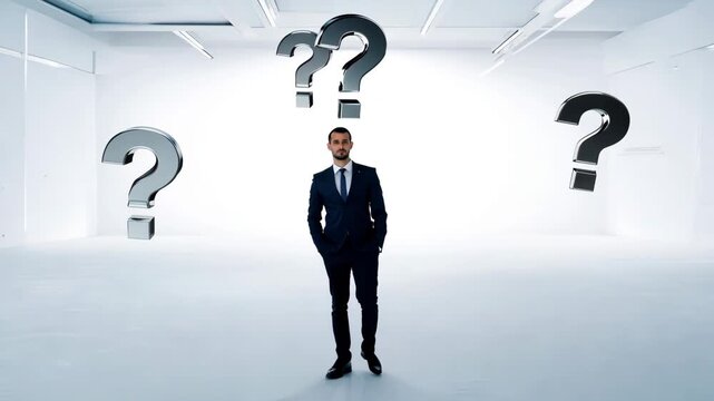 Businessman formal suit standing empty pure-white office void orbiting metallic silver question marks minimalist composition, cinematic soft professional stock footage style, 4K ultra-realistic