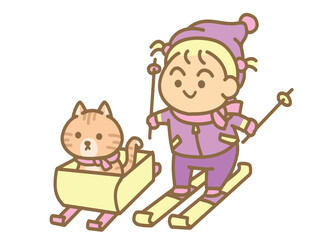 Girl playing skiing with cat