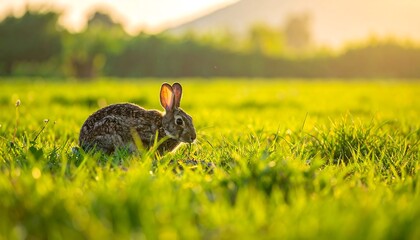Rabbit in a grassy field at sunrise