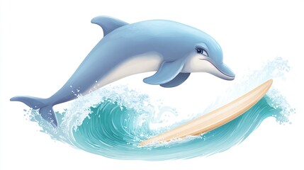 Obraz premium Cute cartoon dolphin surfing a wave