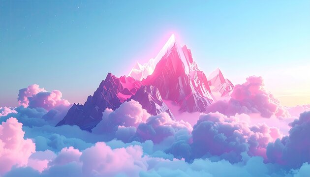 A majestic, snow-capped mountain peak glows with a soft, pink and purple light, rising above a sea of pastel-hued clouds under a serene sky