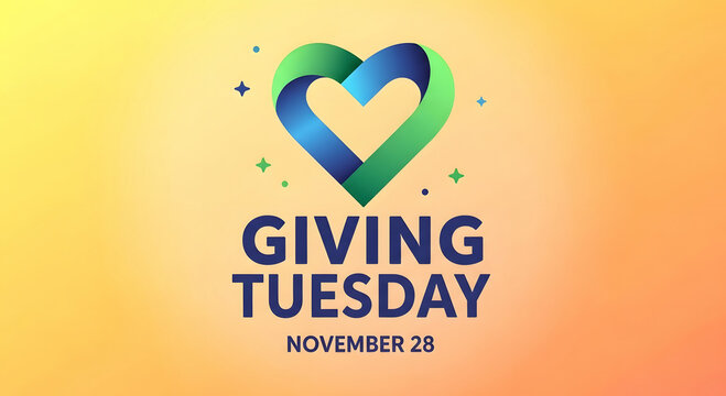 Giving tuesday november 28th with a vibrant heart symbol and confetti on a warm gradient background