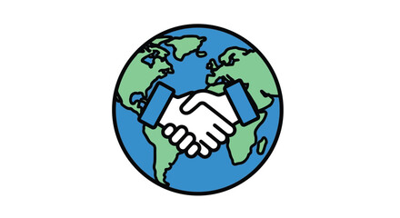 Illustration of a handshake in front of a stylized globe representing international cooperation and global partnership.