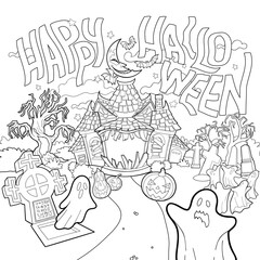 Halloween night scene with haunted house