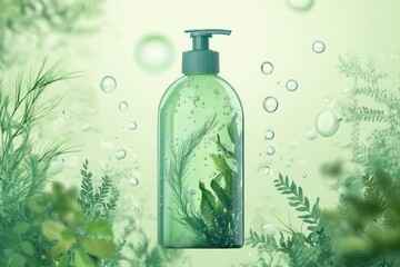 Sustainable Shampoo Packaging with Algae and Bubbles Vector