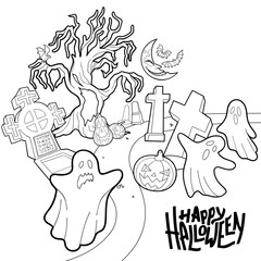 Halloween cemetery with pumpkins, ghosts and moon