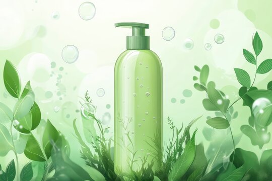 Sustainable Shampoo Packaging with Algae and Bubbles Vector