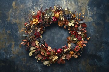 Fall Wreath Vector with Dried Floral and Leaves Elements