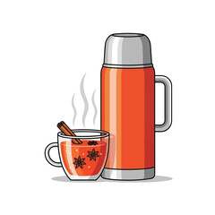 A steaming mug of spiced mulled wine next to an orange thermos bottle.