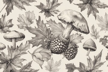 Hand Drawn Seamless Pattern of Acorns and Mushrooms Vector