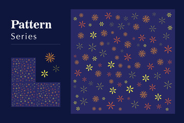 Modern seamless vector pattern featuring an array of vibrant, abstract, star-like shapes scattered across a rich dark blue canvas, ideal for creative graphic design