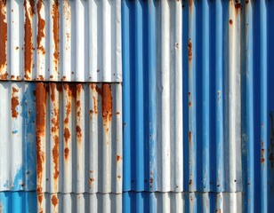 Obraz premium Rusted and weathered corrugated metal wall, blue and white panels showing age and decay