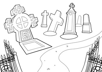 Halloween cemetery with various gravestones