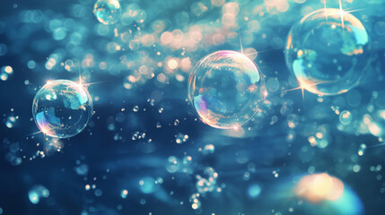 Floating water bubbles with light reflections underwater