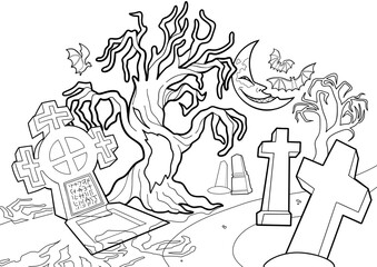 Halloween cemetery with graves, tree and moon