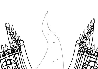 Open wrought iron gates with path
