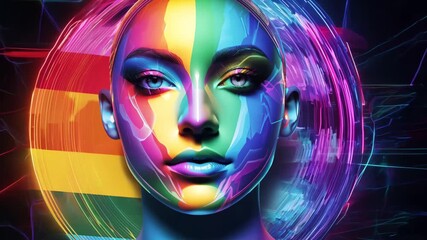 Psychedelic rainbow AI face morphing neon prism colors, digital glitch effects, holographic grid overlay, crypto NFT rainbow skin texture, futuristic abstract visual meditation - Powered by Adobe