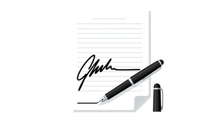A fountain pen rests on a document with a signature, symbolizing agreement and official documentation.