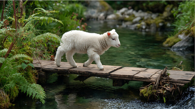 A fluffy white lamb crossing a wooden bridge over a clear stream