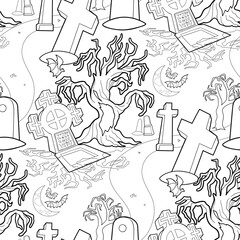 Halloween cemetery with graves, tree and moon