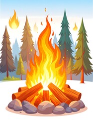 Campfire in a pine forest.  Bright flames