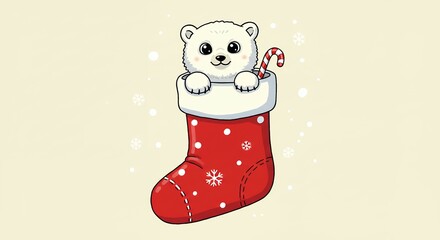 Polar bear cub inside a christmas stocking with candy cane and snowflakes illustration