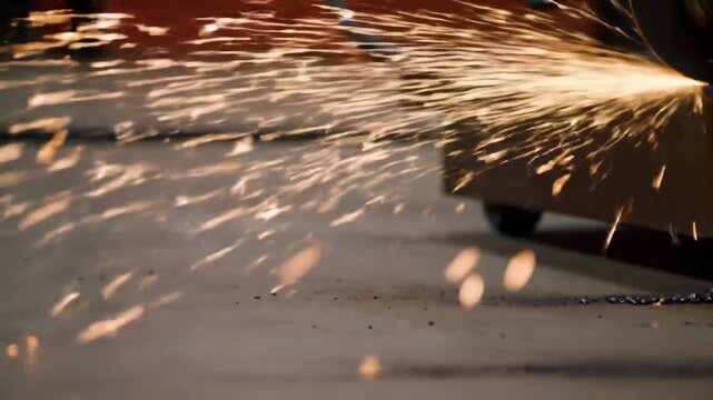Torc Metal Cutting Emitting Bright Orange Sparks in Industrial Close Up View Abstract Motion Background Industrial Metalwork Technology Sparks in Construction Metal Cutting