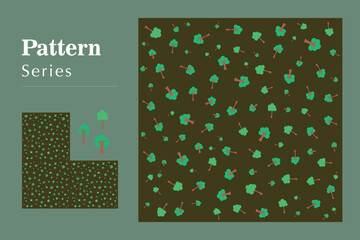 Seamless repeating pattern of stylized green trees and natural accents on a dark background, perfect for digital art, website backdrops, and textile design
