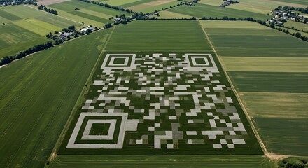 Aerial view of a field with a QR code pattern in green and white.