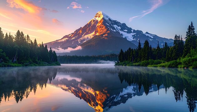 Majestic snow-capped peak reflected in a tranquil lake at sunrise, misty forest foreground