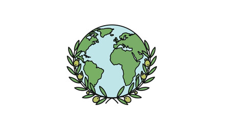 A stylized illustration of planet Earth encircled by a green olive branch with olives.