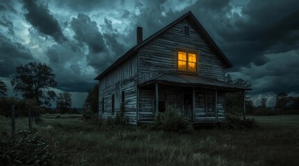 An old farmhouse with a single illuminated window under a stormy night sky—eerie. © Aleksandra