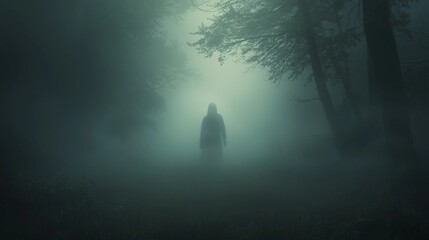 Fototapeta premium A faint, ghostly figure visible in the morning fog in a quiet forest—barely noticeable and unsettling.