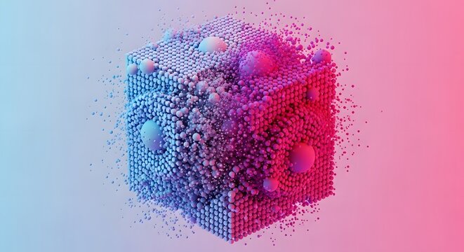 A vibrant cube composed of small spheres with a gradient of blue and pink hues on a soft background