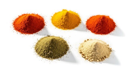 Vibrant Spice Heaps: Paprika, Turmeric, Coriander, Cumin, and Spices on White