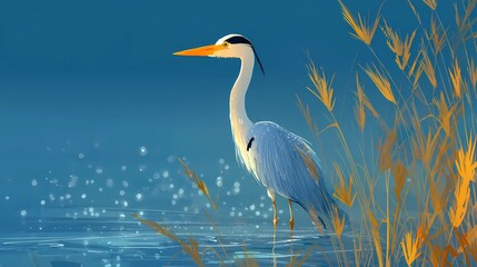 Fototapeta premium Reeds sway as heron watches water below, illustrating delicate balance of bird and habitat.