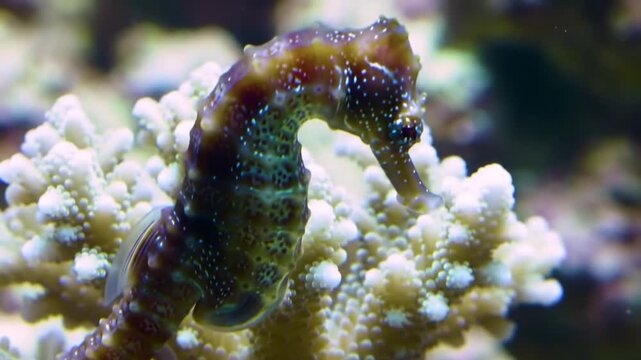 Detailed Close Up of a Brown and Green Seahorse Clinging to White Coral Underwater Macro Shot in Aquarium Ambience Cinematic Focus on Marine Wildlife Beauty 190 characters