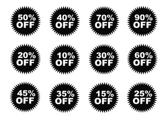 Collection of starburst sale tags with various percentage discounts for retail promotions
